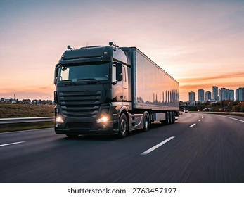 Road delivery truck at sunset